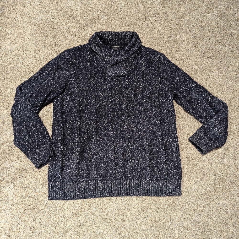 Cozy Knit Turtleneck Sweater -Blue and Gray, cotton and Yak very warm XL